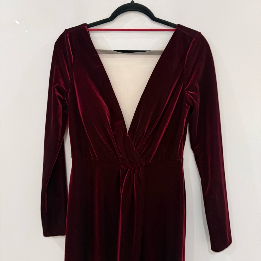 Jenny Yoo Dress Ryland Maxi Long Sleeve V-neck Open Back in Dark Berry Velvet - Picture 6 of 7